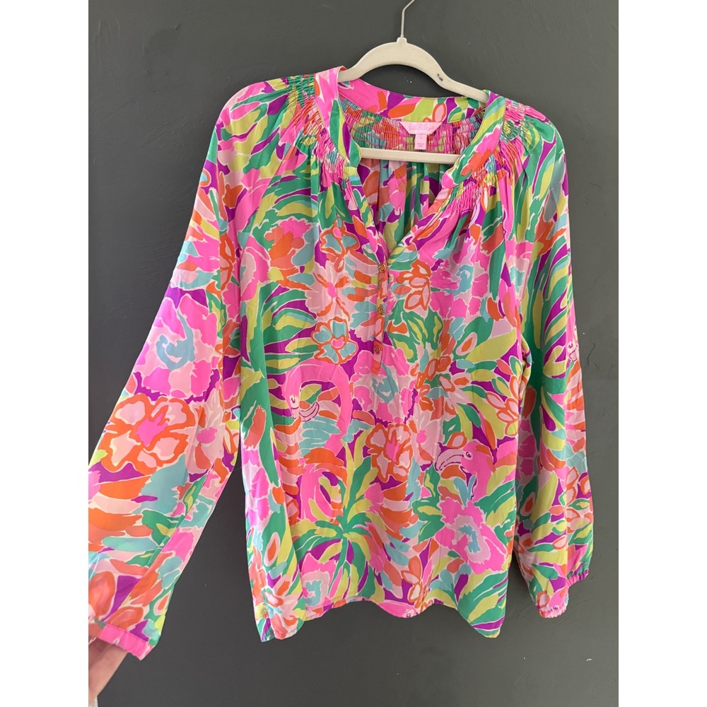Lilly Pulitzer Elsa Silk Blouse Large Pink Green Tropical Floral Button Top